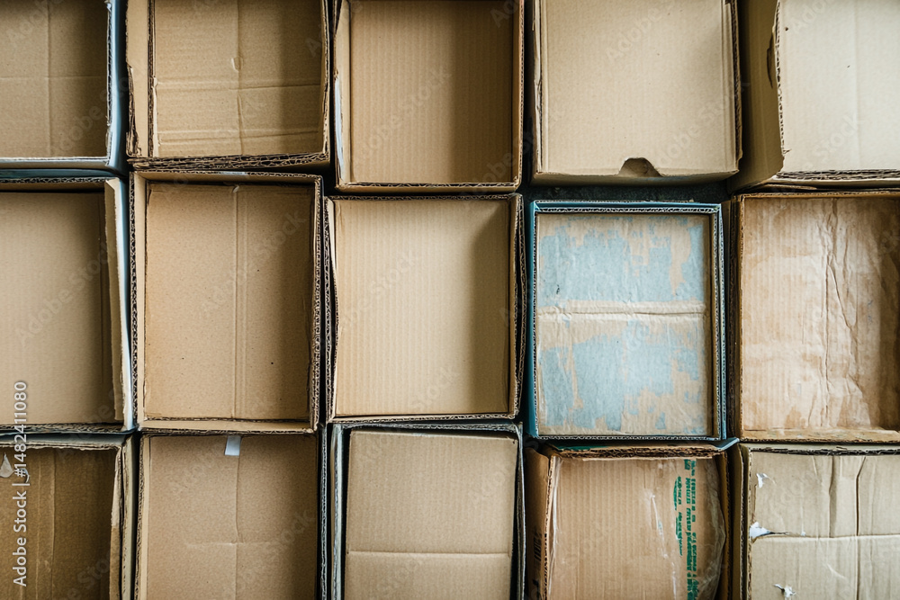 Poster many empty cardboard boxes stacked together a textured background