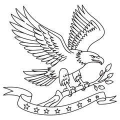 Flying Bald Eagle with Stars and Banner Line Art Coloring Pages