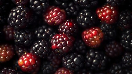 Closeup of juicy blackberries and red raspberries summer berries texture background food dark crop