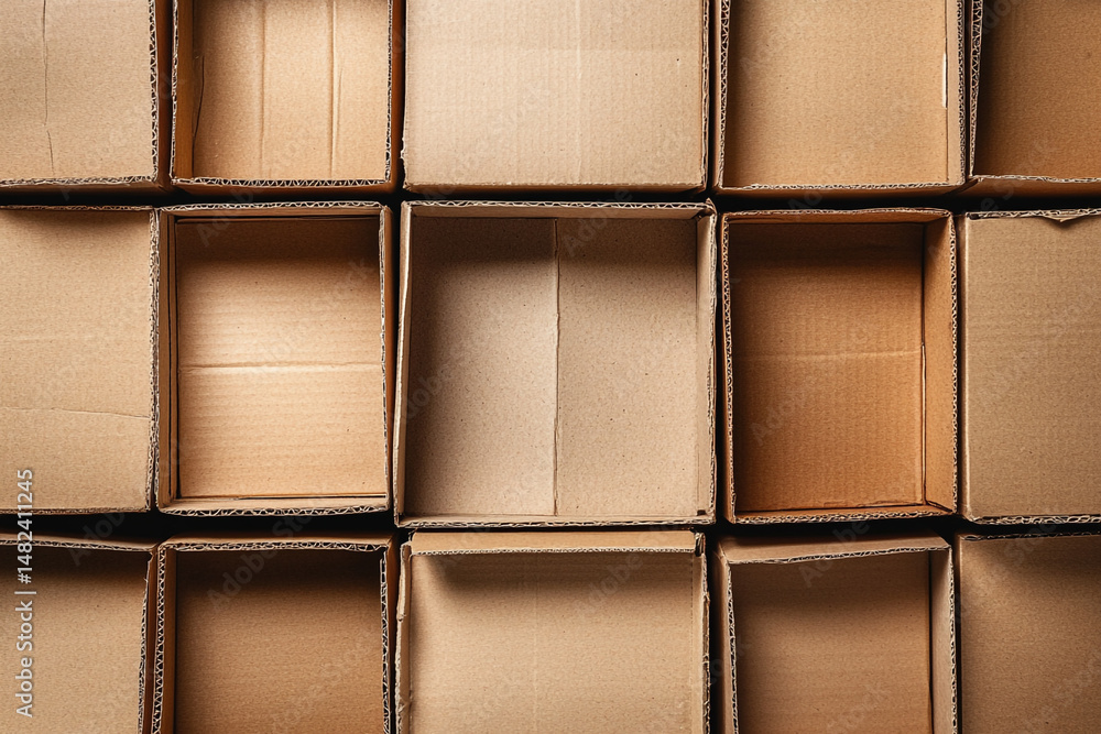 Poster cardboard boxes stacked neatly a textured background of empty packages