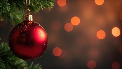 A single, shiny red Christmas ball ornament hanging against a blurred, festive background , christmas tree ornament, christmas element