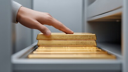 Gold bars investment security wealth Hand reaching for gold bars in a secure storage unit.