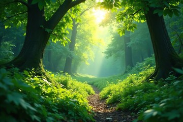 Fototapeta premium Lush green forest scene, sunlight dappled through leaves , organic, foliage, environment