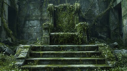 Stone throne overgrown with moss and vines in ancient, ruined temple setting. Great for fantasy, forgotten places, and historical fiction concepts.