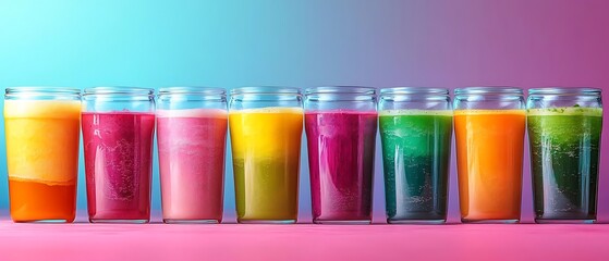 Colorful juice row, pink background. Healthy drink