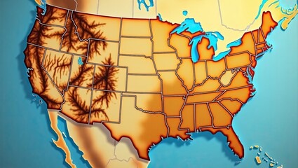 Stylized United States Map with Topographical Details and Gradie
