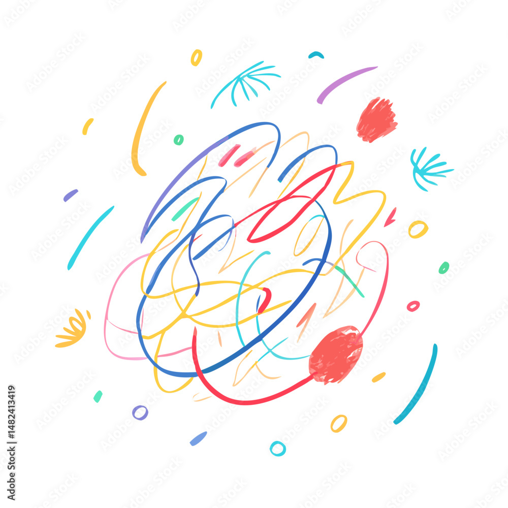 Poster multicolored abstract scribble with scattered doodles