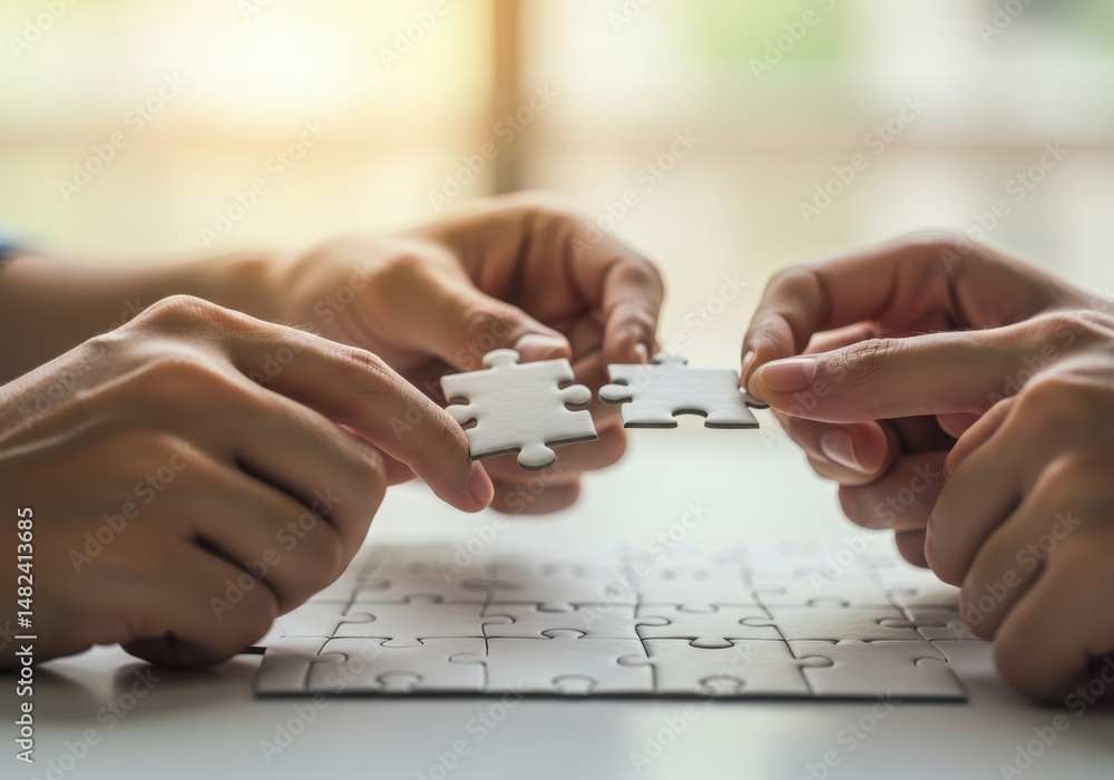 Poster two hands are connecting puzzle pieces to complete the game on a white table