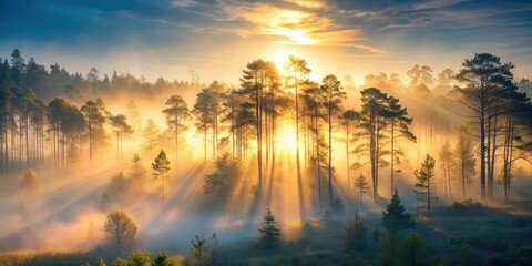 Naklejka premium Softly glowing light illuminates a misty forest at dawn, nature, light, nature