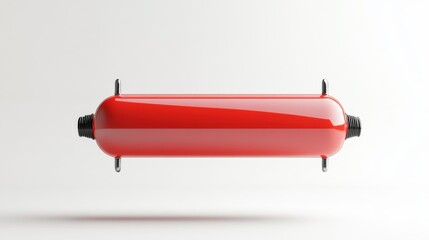 Red cylindrical object with attachments on a plain background.