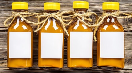 Four Amber Glass Bottles with Blank White Labels and Natural Twi