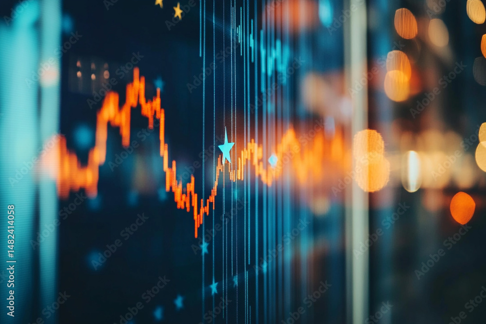 Poster stock market data displayed on a screen at night showing fluctuating prices and highlighted points