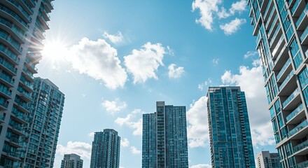 Fototapeta premium Sunlit Modern Condominiums Against a Blue Sky
