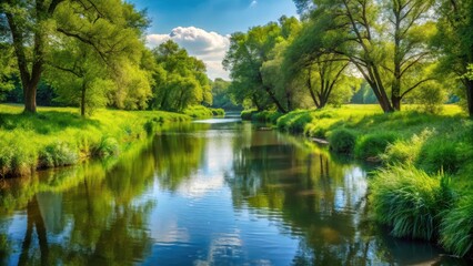 Fototapeta premium Serene riverbank with lush greenery and winding river flowing through it, winding river landscape, water features