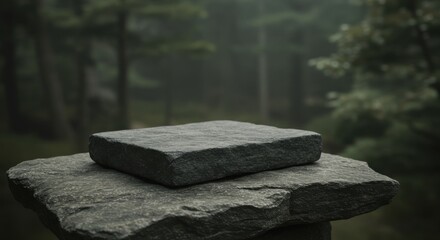 A serene stone resting atop another in a misty forest, evoking tranquility