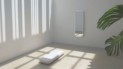 Minimalist corner with sleek mirror, modern device, and tropical