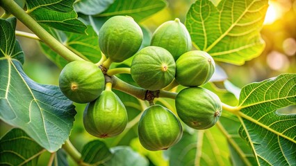 A bunch of green figs hanging from a single branch with leaves in shades of green and brown , leafy greens, foliage