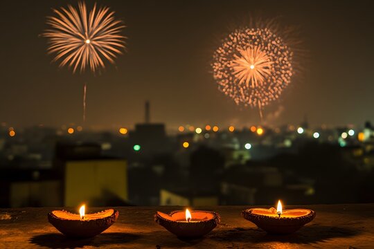 Celebratory image showing lit diyas in the foreground with vibrant fireworks and city lights during diwali festivities