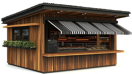 Modern Wooden Kiosk with Black Striped Awning and Display Case