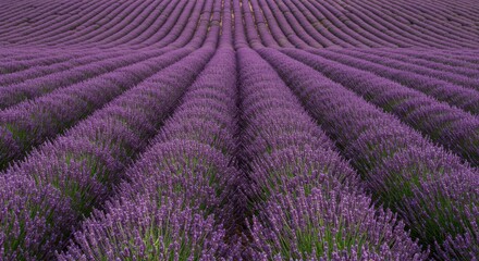 Obraz premium Expansive lavender field with vibrant purple rows under a clear sky