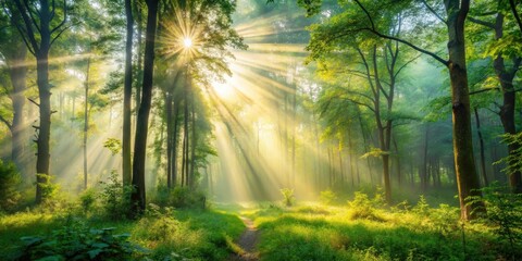 Obraz premium Dense foliage in a misty forest clearing with sunbeams filtering through the trees , sunlight, landscape