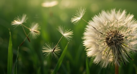 Fototapeta premium Close-up of dandelion seeds drifting in the breeze amidst lush green grass
