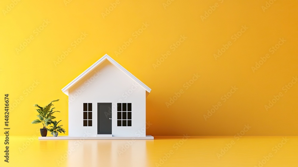 Poster a white empty house on a yellow background, representing a minimal concept building in 3d render.