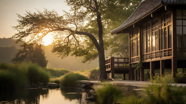 _capture a serene atmospheric scene by avoiding harsh peak sun between 11AM and 6PM, instead opting for a soft, warm, and gentle natural light 