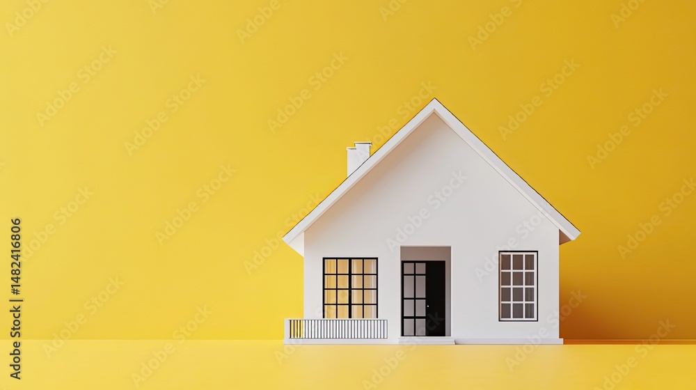 Poster a white empty house on a yellow background, representing a minimal concept building in 3d render.