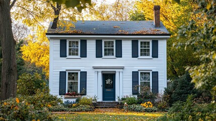 A white colonial house with windows. 