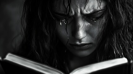 Sad woman crying while reading a book dramatic black and white portrait photography up art loss pain