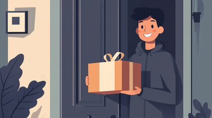 A young person stands at the front door holding a gift box, smiling and ready to deliver