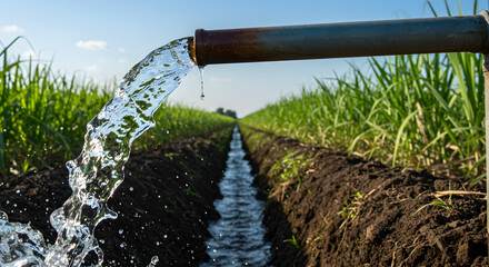 Irrigation Water Flows into Furrow between Rows of Sugar Cane in Bright Sunlight with Clear Water and Dark Soil Plants against a Blue Sky