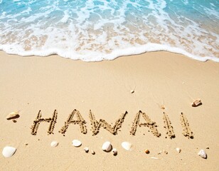 Fototapeta premium Hawaii beach scene with ocean waves and seashells on sandy shore