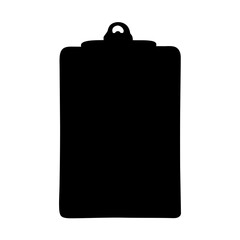 Black silhouette of a clipboard with a hanging loop on white