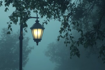 Glowing lamppost in foggy park, with dark branches around it. It can add a mysterious vibe to fantasy designs.