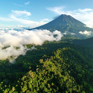 Lush jungle landscape with majestic volcanic peak and rolling clouds