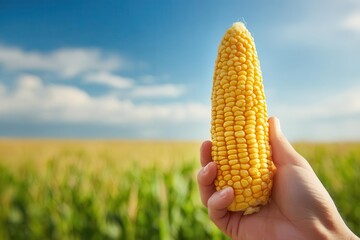 Hand holding a ripe corn cob against a bright blue sky and green cornfield backdrop