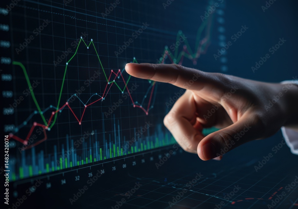 Poster a hand points to a financial graph on a screen displaying market trends and data analysis