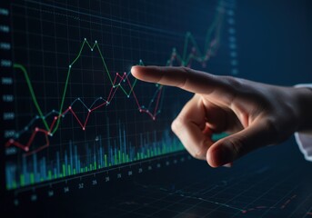 A hand points to a financial graph on a screen displaying market trends and data analysis