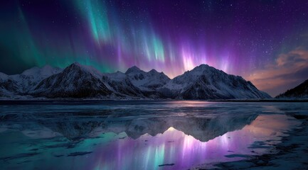 Naklejka premium Aurora borealis over frozen mountains, reflected in calm water. Vivid colors of the northern lights paint the night sky, mirrored perfectly in the still lake, showcasing majestic snow-capped peaks