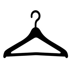 A black silhouette illustration of a clothing hanger on a white background