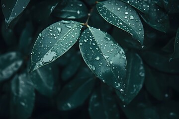 Obraz premium Close up of glossy dark green leaves with glistening water droplets after rainfall