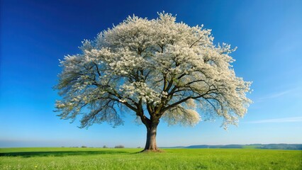 Mature tree stands alone under clear blue sky with delicate white flowers blooming on branches, nature