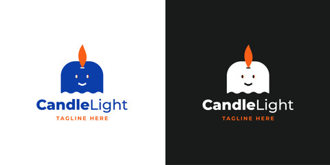 A stylized blue candle with a smiling face and a bright orange flame.