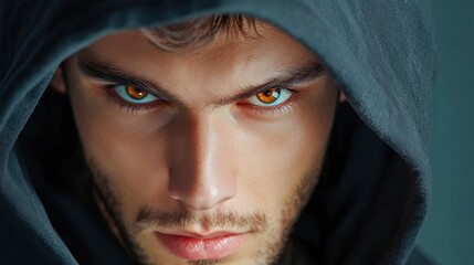 Mysterious mans piercing gaze peeking through dark hooded clothing, intense close-up