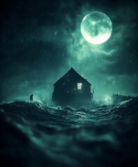 Solitary Figure Braving Stormy Seas Towards Lighted House