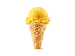 Mango ice cream cone isolated on white background.