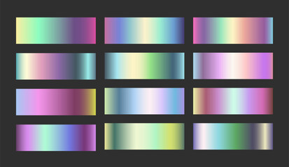 Obraz premium Holographic gradients swatch collection. Iridescent metallic foil texture. Vibrant spectrum palettes for trendy modern designs.