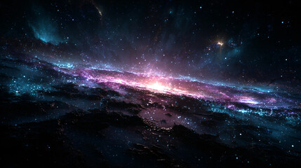 The Milky Way stretching across the cosmos, a blend of purple and cyan with a golden core.